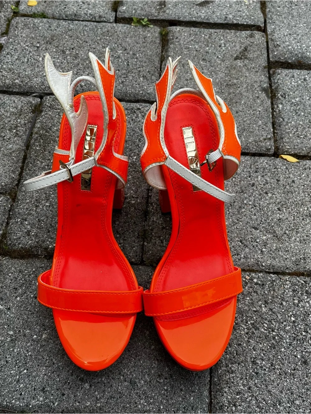 Lilana Dollskill Bold Orange Flame Platform Sandals with White Ankle Strap